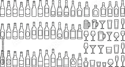 Εκτύπωση καμβά Alcoholic beverage bottles and glassware line icon set featuring beer wine whisk