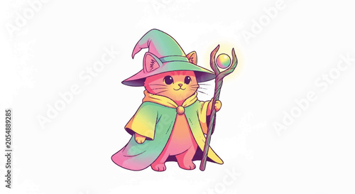 Cute magical cat wizard with staff and hat.