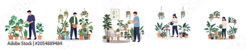 Fotografie People Caring for Indoor Houseplants and Gardening at Home Illustration Set
