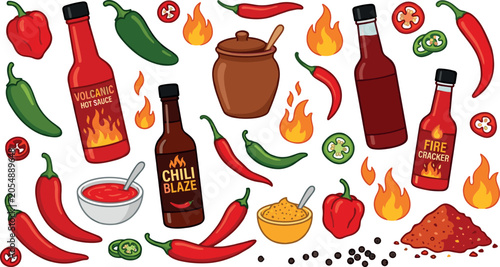 Spicy Hot Sauce and Chili Pepper Collection Vector Illustration Featuring Seasonings Condiments Flames and Fiery Ingredients