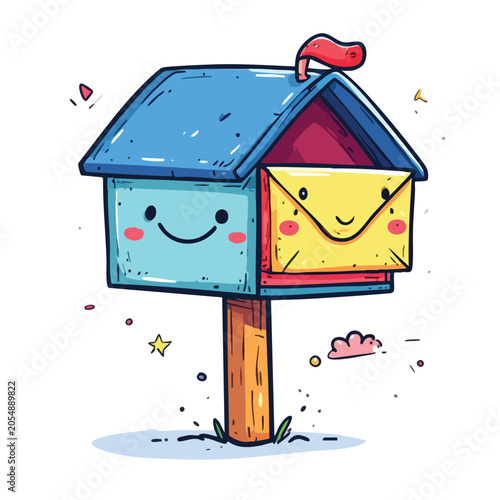 Cute cartoon mailbox character with a happy yellow envelope inside.