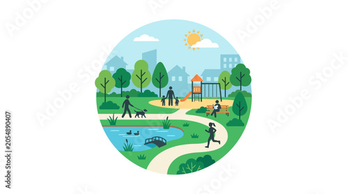 Fotografie Diverse group of people enjoying various outdoor recreational activities in a vibrant public park