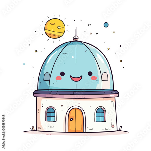 Cute cartoon observatory building with a smiling face.