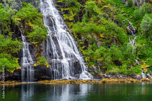 Trollfjord, small fjord, Lofoten Islands, steep walls, rocks, vegetation, waterfalls, reflections, water, sailing, Norwegian fjords, Norwegian Sea, Alesund, Hjorundfjord, Finnmark, Norway, Arctic