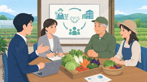 農家と企業がテーブルを囲み野菜の販売や提携について話し合うビジネスミーティングのイラスト