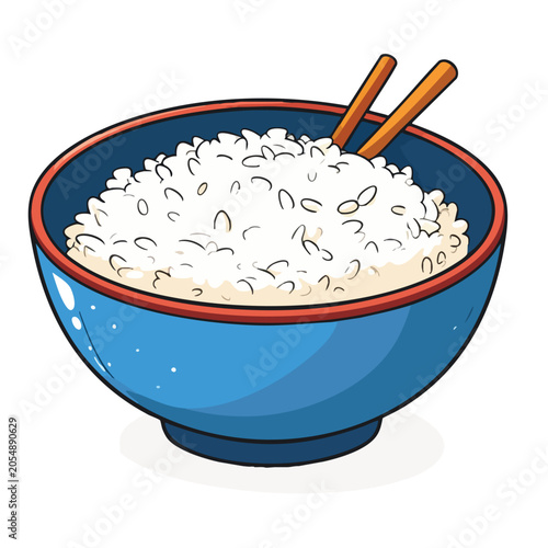 Cartoon illustration of a blue bowl filled with cooked white rice and wooden chopsticks.