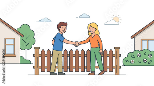 Tableau sur toile A man and a woman shaking hands over a wooden fence.