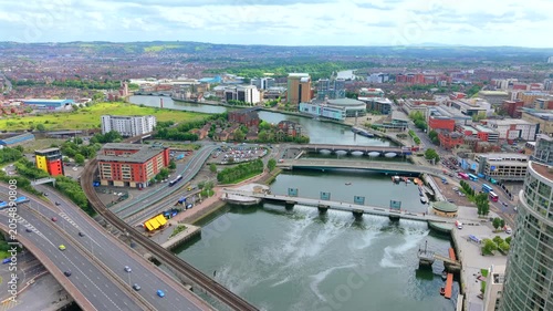 Aerial of Belfast’s skyline and the River Lagan in Northern Ireland
