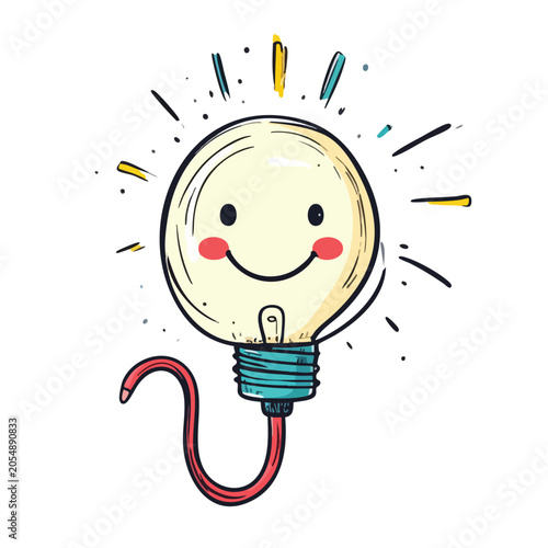 Cute cartoon lightbulb character with a happy smiling face.