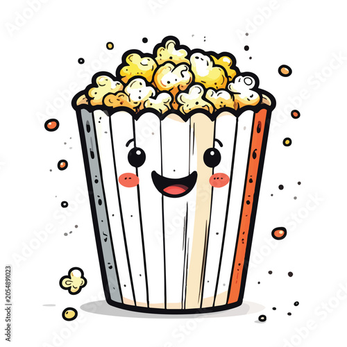 Cute cartoon popcorn bucket with a happy smiling face.
