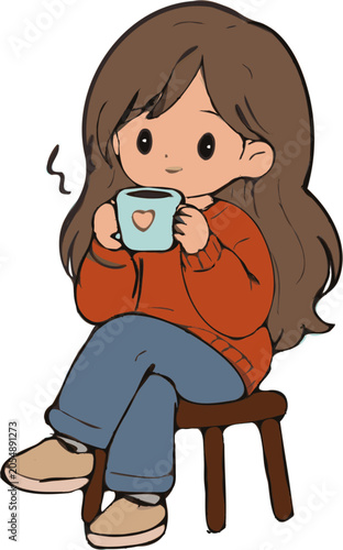 Adorable girl drinking coffee. Hand drawn digital illustration in cute cartoon style