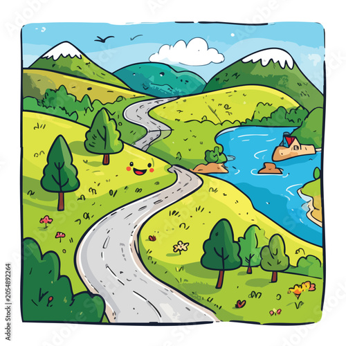 Cute cartoon winding road through scenic mountain landscape.