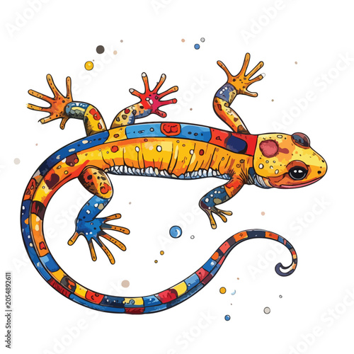 Colorful hand drawn artistic illustration of a stylized salamander lizard.