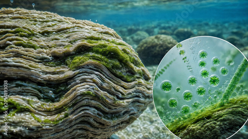 Majestic underwater stromatolites rising, illuminated by sunlight filtering through clear water, showing intricate textures and green microbial colonies in a tranquil marine environment
