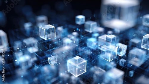 Transparent cubes float in a network of luminous lines against a blurred background, suggesting a digital matrix