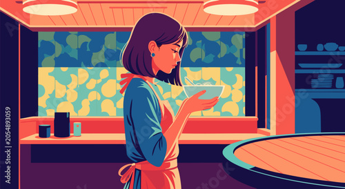 Quadro su tela A Peaceful Woman Preparing Homemade Food in a Kitchen Vector Illustration Design