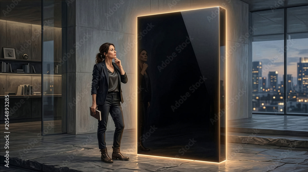 Fototapeta premium Businesswoman Planning Innovation Strategy Beside Futuristic Glowing Monolith in Modern Office