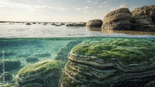 Majestic underwater stromatolites rising, illuminated by sunlight filtering through clear water, showing intricate textures and green microbial colonies in a tranquil marine environment