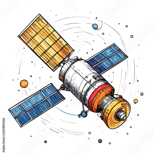Hand Drawn Illustration of an Orbiting Space Satellite.