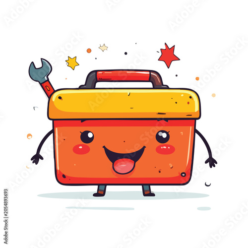 Cute cartoon toolbox character with a wrench.