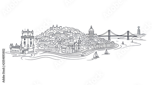 Obraz na plátně Panoramic sketch of lisbon city landmarks along the tagus river