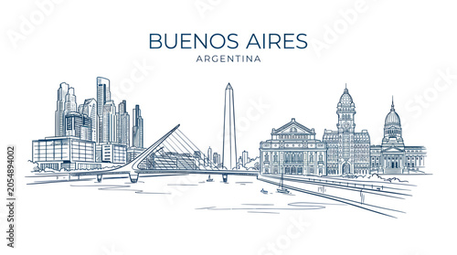 Buenos aires city skyline with iconic landmarks and modern bridge