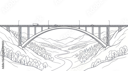 Highway arch bridge spanning across a mountain valley landscape