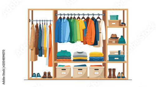 Organized wooden wardrobe with colorful clothes and accessories