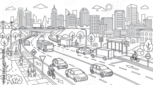 Urban city traffic and busy street life coloring page