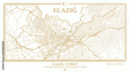 Elazig turkey city map with gold lines and historical heritage icons