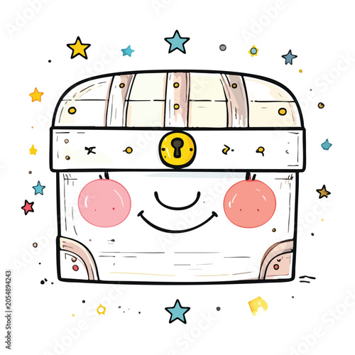Cute cartoon treasure chest with happy face and stars.