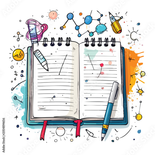 Open Spiral Notebook with Pen and Scientific Doodles.