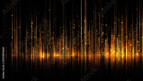 Vertical gold streaks and sparkling lights against a black backdrop. A luminous abstract design with a dynamic, glowing appearance