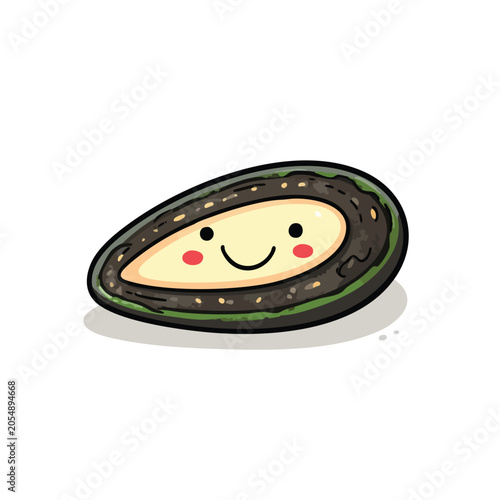 Cute cartoon avocado slice character with a happy face.