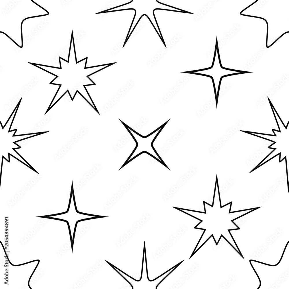 Obraz premium Seamless pattern with black and white stars in various shapes against a white background