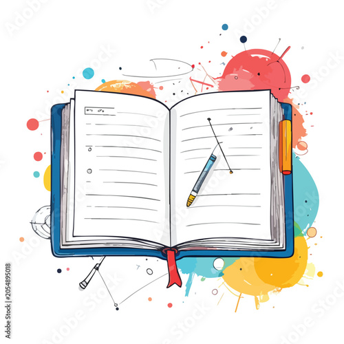 Open notebook with lined pages and a pen illustration.
