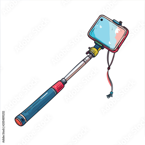 Illustration of a retractable selfie stick holding a smartphone.