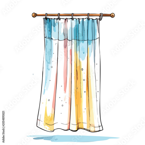 Watercolor illustration of a decorative bathroom shower curtain on a rod.