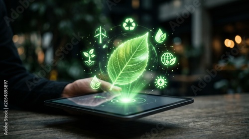 Tablet displaying green leaf hologram with various environmental life icons.