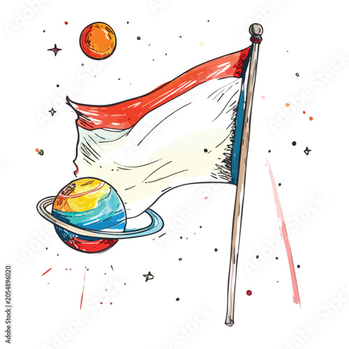 Sketch illustration of a national flag flying on a pole with planets in space.