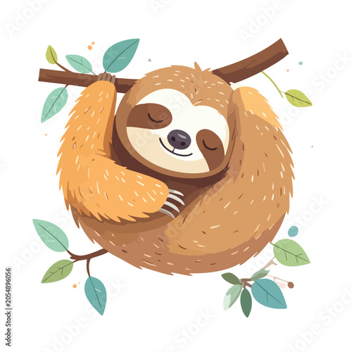 Cute cartoon sloth sleeping peacefully on a tree branch.
