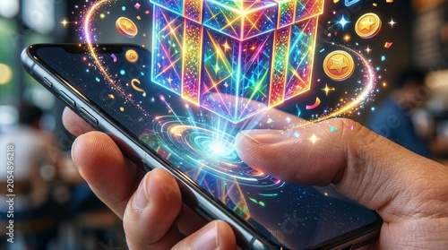 Thumb touching smartphone screen displaying sparkling gift box hologram.