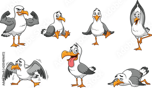 Set of Funny Kawaii Seagull Characters Featuring Strong Muscle Yoga Sitting and Tired Poses for Kids Stickers Nursery Decor and Creative Coastal Marine Graphic Designs