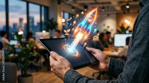 Rocket launch hologram emerging from tablet inside modern office.