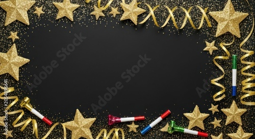 Festive black background with gold stars, streamers and noisemakers