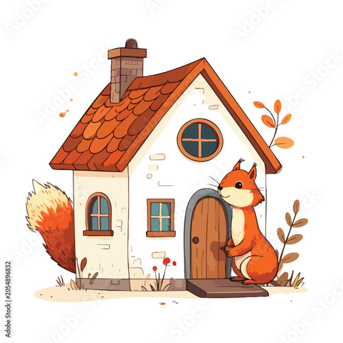Cute cartoon fox standing in front of a small cozy cottage house.