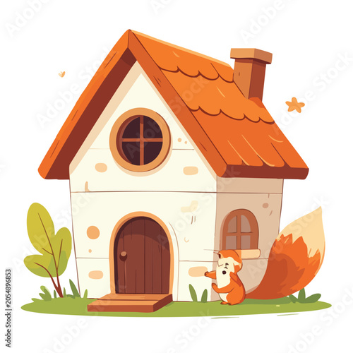 Cute Cartoon Fox Standing Next to a Cozy Little House Illustration.