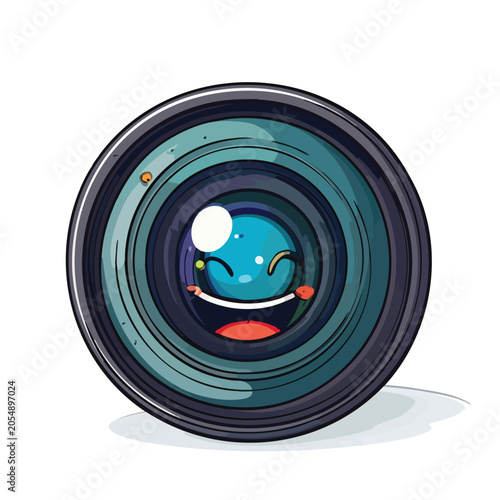 A playful cartoon camera lens character with a happy winking face.