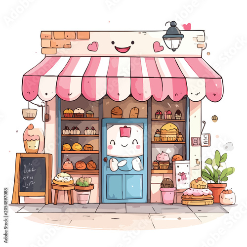 Cute cartoon bakery shop front with sweet treats and pastries.