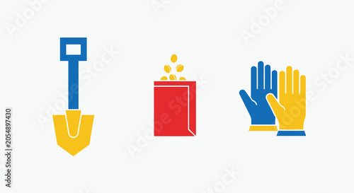 A set of three flat vector gardening icons depicting a metal shovel a packet of seeds and protective gloves displayed cleanly on a solid white surface for design.